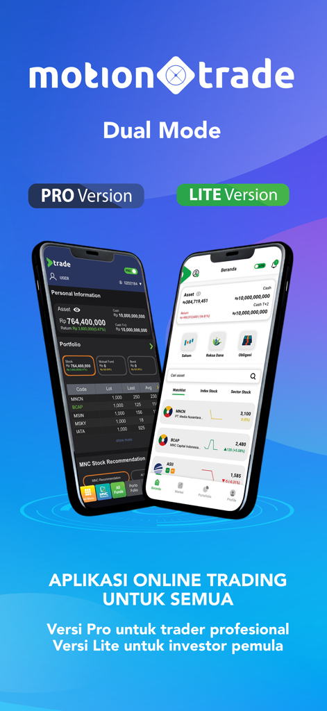 MotionTrade - MotionTrade app displaying Pro and Lite version interfaces for online trading