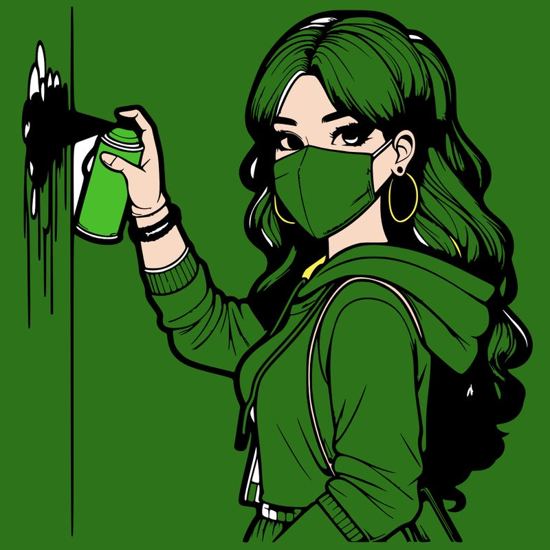 realistic girl with mask spray painting a wall