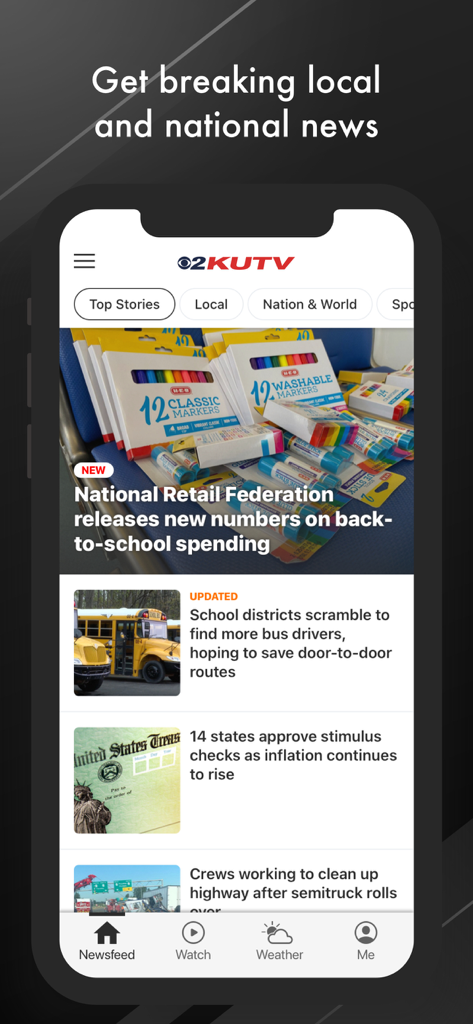 KUTV TV - The KUTV TV mobile app interface showing a newsfeed with local and national top stories.