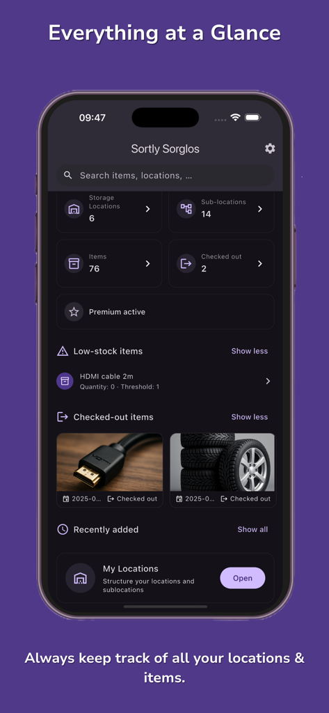 Sortly-Sorglos app dashboard showing storage locations, total item counts, and low-stock notifications.