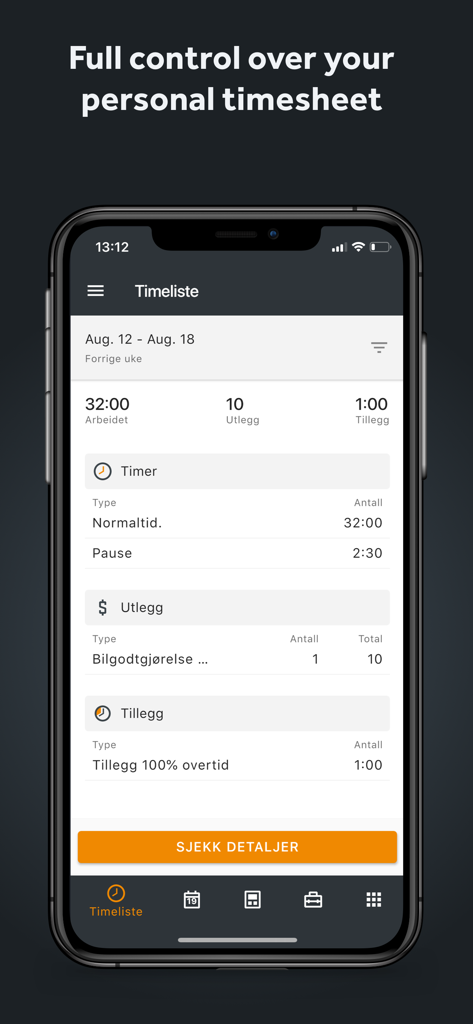A mobile screen showing the timesheet summary in the Mobile Worker app with total hours, expenses, and overtime breakdown.