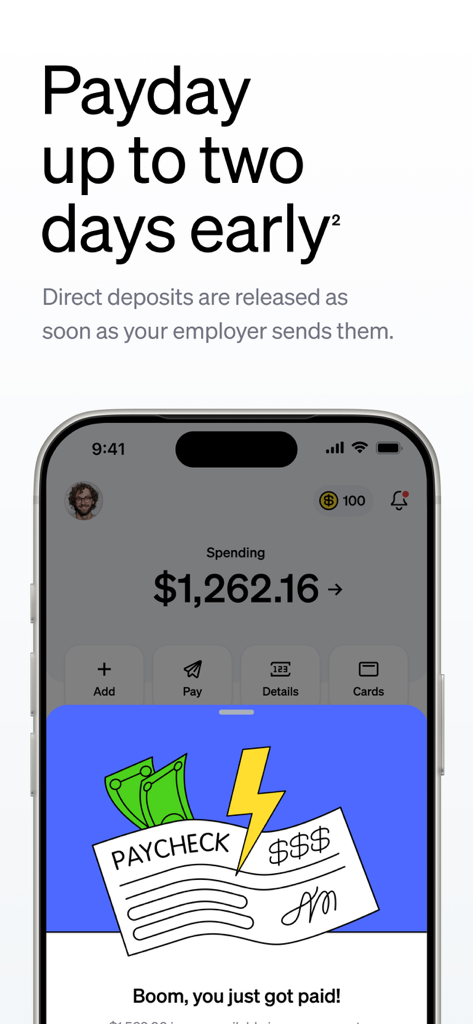 Current - Mobile Banking - Current mobile banking app screen showing the early payday feature with a paycheck illustration