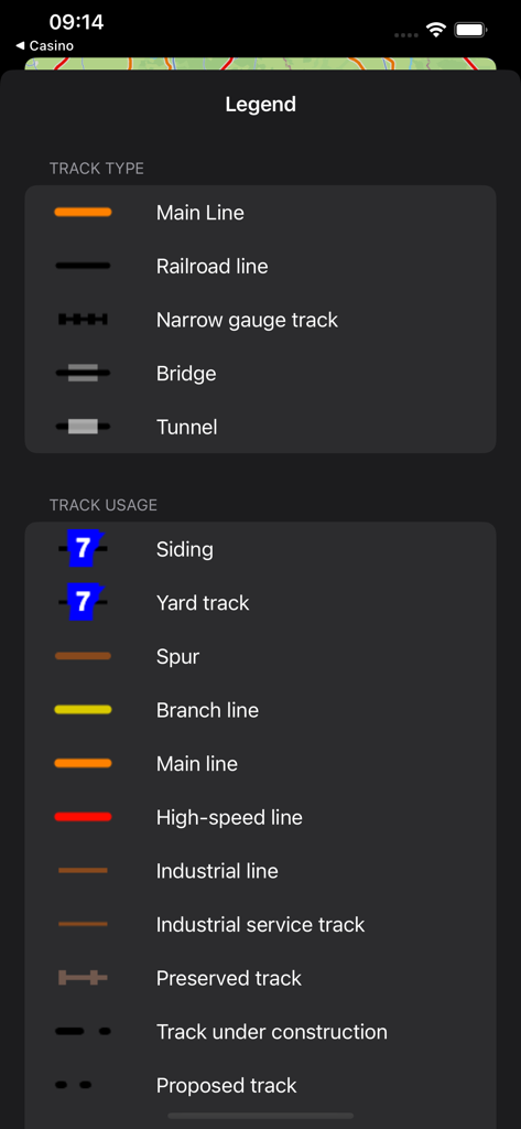 A legend screen in the Railways Map app displaying symbols for different track types and usages such as main line and siding.