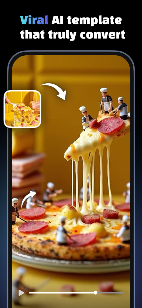 Creati: Gen AI Content Creator - Modèle viral IA dans l'application Creati transformant une photo de pizza en contenu marketing créatif avec de minuscules chefs
