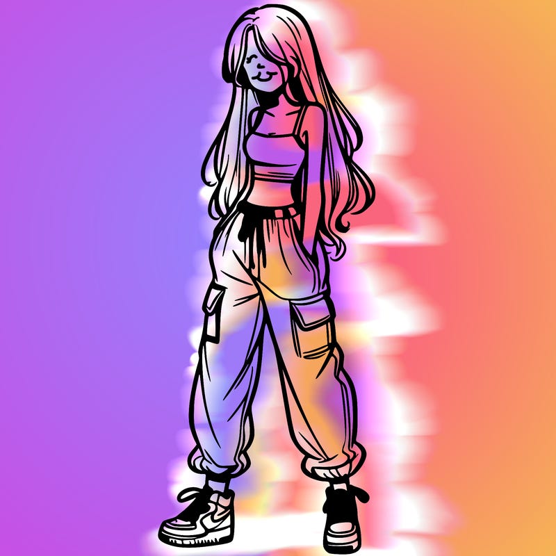 girl in baggy pants crop top and long hair