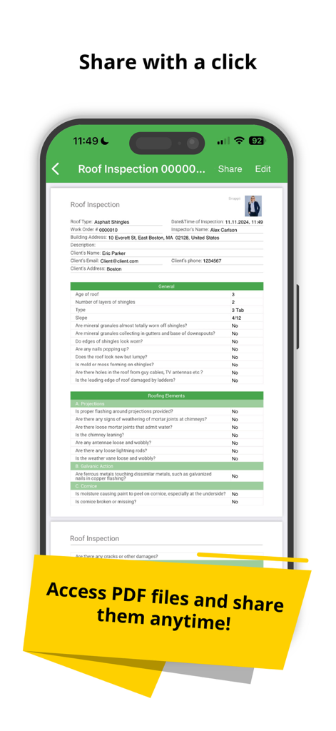 Roof Inspection - A smartphone screen showing a professional roof inspection report in PDF format with options to share and edit.