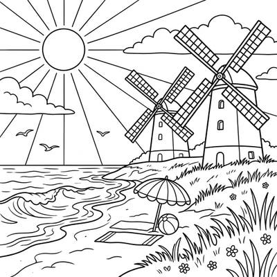 Embrace the warmth of summer with this delightful coloring page featuring majestic coastal windmills overlooking a vibrant beach scene. Perfect for igniting creativity, it brings together the charm of seaside architecture with the joy of a sunny vacation.