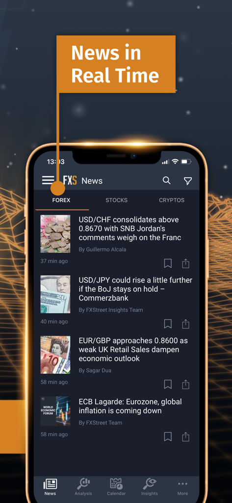 Flux d'actualités de l'application FXStreet montrant les gros titres Forex en temps réel et les mises à jour du marché