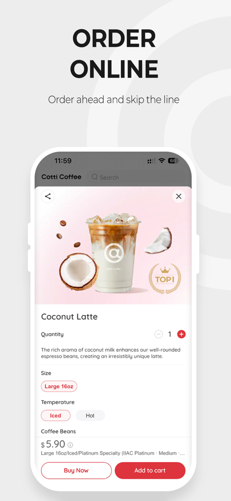 Cotti Coffee AM - Interfaccia dell'app Cotti Coffee AM che mostra la personalizzazione del latte di cocco e le opzioni di ordinazione online