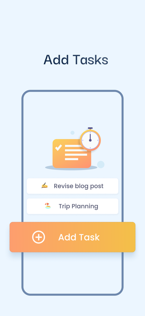 Screenshot der Pomodoro-App, der den Bildschirm zum Hinzufügen von Aufgaben mit Beispielaufgaben und einer großen Schaltfläche zum Hinzufügen anzeigt