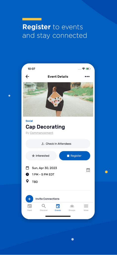 CampusGroups - CampusGroupsモバイルアプリ画面。キャップデコレーションワークショップのイベント詳細と、登録およびチェックインボタンが表示されます。
