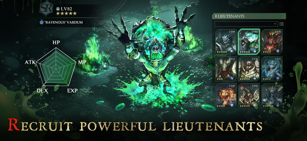 Dungeon Hunter 6 gameplay screen showcasing the lieutenant recruitment system with character stats and a variety of legendary heroes.