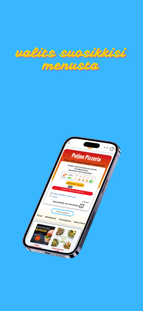 Puijon Pizzeria - Smartphone screen showing Puijon Pizzeria menu and food offers