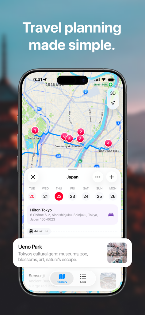 iPhone screen showing the ikisaki travel planner app with a mapped itinerary of Tokyo landmarks and route optimization features