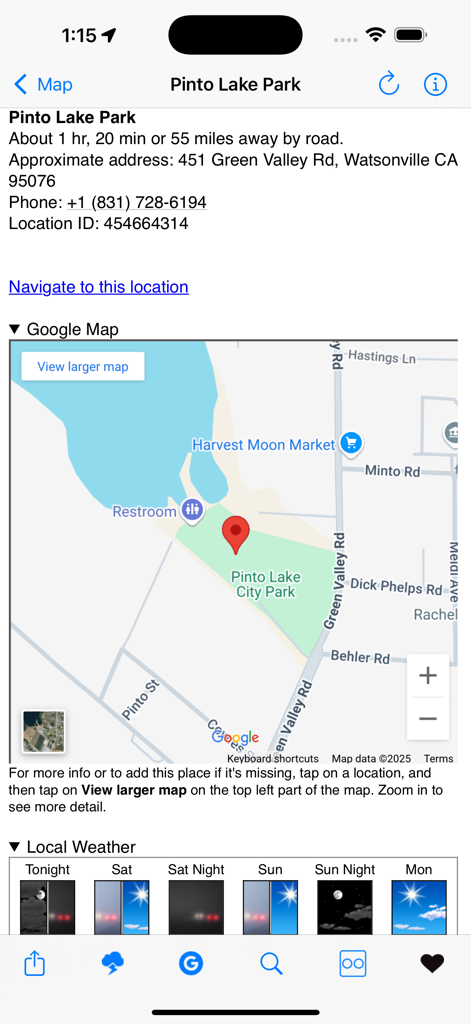 RV Dump Stations app detail view for Pinto Lake Park showing map address and weather forecast
