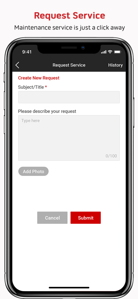 Mobile screen of the KastleResident app showing a new maintenance service request form with options to add a photo and description.