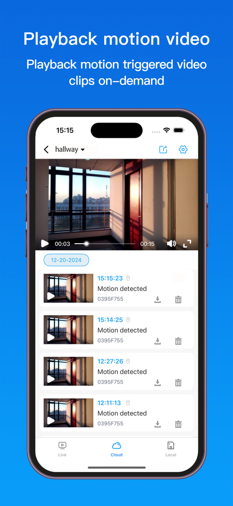 Interface de l'application HG Cam montrant une liste de clips vidéo détectés par mouvement et un écran de lecture pour une caméra de sécurité de couloir.