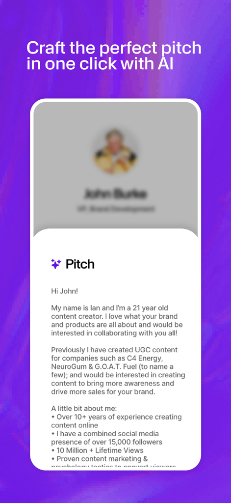 Pitch’em – Land Brand Deals - Pitch’em app screenshot showing an AI generated brand pitch email