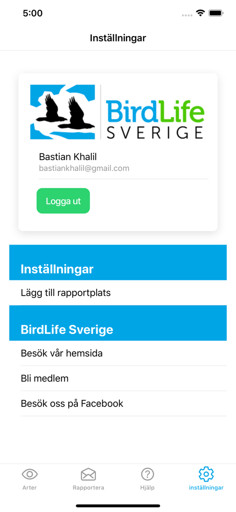 Page de paramètres de l'application d'observation d'oiseaux Vinterfaglar montrant le profil de l'utilisateur et des liens