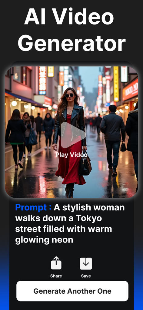 AI Video Generator - Vids App - Interfaz de la app AI Video Generator mostrando un vídeo generado de una mujer en Tokio a partir de una indicación de texto