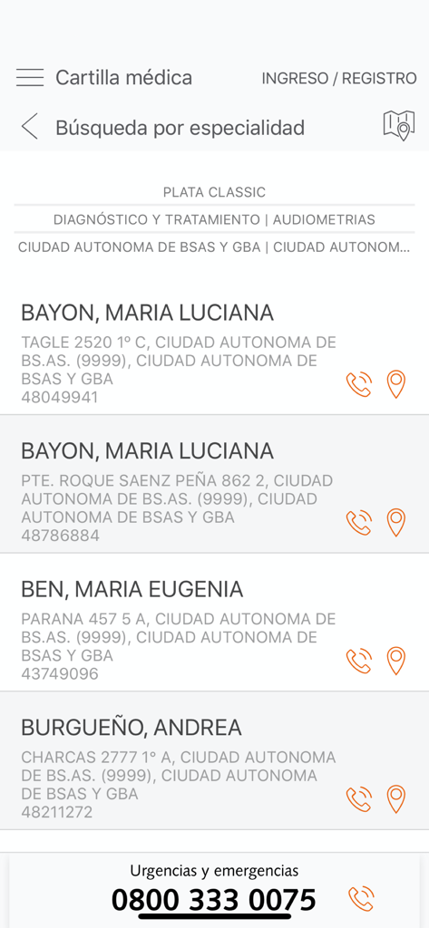 Una lista de profesionales médicos y especialistas dentro del directorio digital de la aplicación Medifé.