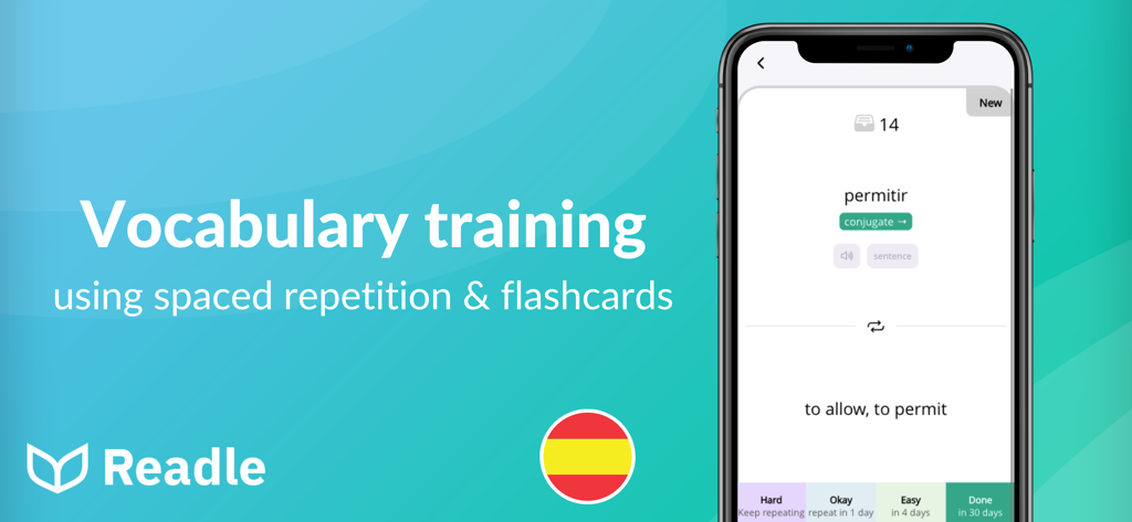 Readleアプリのインターフェース、フラッシュカードと間隔反復システムによるスペイン語の語彙トレーニングを表示