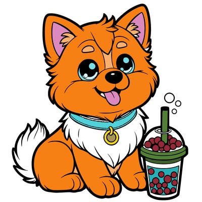 realistic dog with realistic bubble tea
