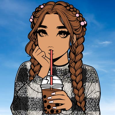 realistic girl with braided hair drinking boba
