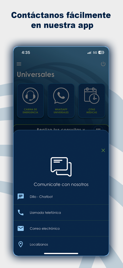 Seguros Universales - Pantalla de contacto en la aplicación Seguros Universales mostrando opciones de teléfono y correo electrónico de chatbot
