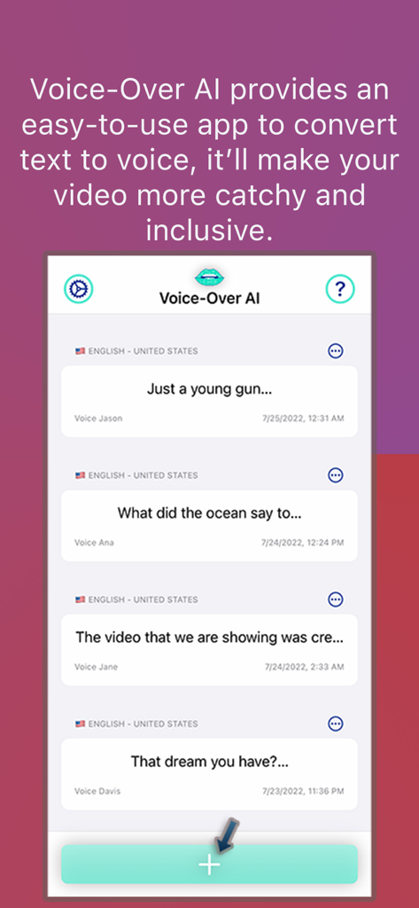 Voice-Over AI | Text To Speech - Voice-Over AIアプリのインターフェースのスクリーンショット。テキスト読み上げプロジェクトのリストと作成ボタンが表示されています。