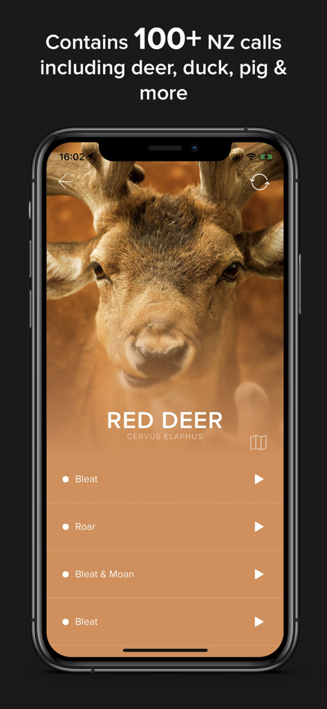 Game Calls NZ - Mobile app interface for Game Calls NZ showing a list of Red Deer hunting sounds such as roar and bleat.