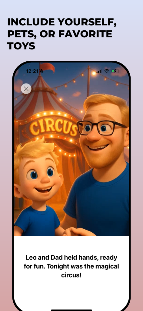 Dreema: Bedtime Stories AI - A personalized bedtime story in the Dreema app showing a father and son as 3D avatars at a circus