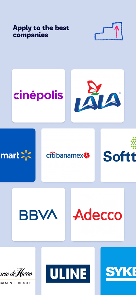 Ein Raster mit Logos großer Unternehmen wie Walmart, BBVA und Citibanamex unter dem Text 'Bewerben Sie sich bei den besten Unternehmen in der OCC App'.