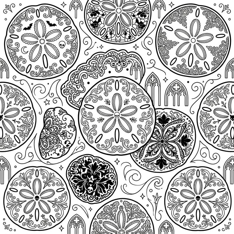 Unearth the dark beauty of the ocean with our Gothic Sand Dollars coloring page. This intricate design blends delicate sea life with ornate Victorian and mysterious Gothic elements, offering a unique artistic challenge.