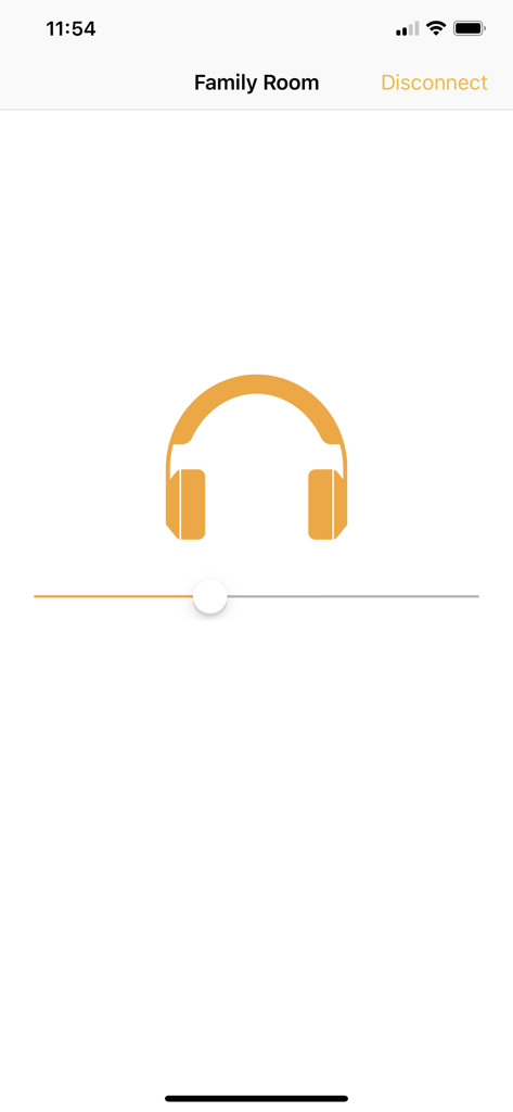 Play-Fi Headphones app interface showing a volume slider and headphone icon for private listening in the Family Room.