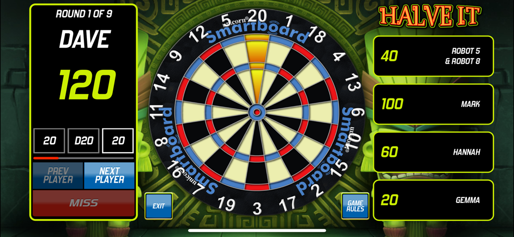 Unicorn ScoreBuddy - Unicorn ScoreBuddy app interface showing scores for a Halve It darts match
