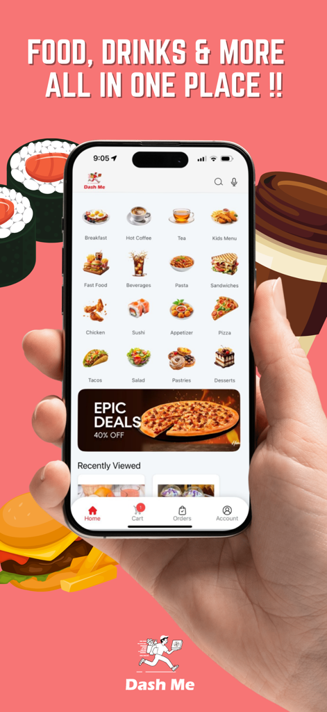 Dash Me: BVI's Food Delivery - Pantalla de inicio de la aplicación de entrega de comida Dash Me en las BVI que muestra varias categorías de comida y una oferta de pizza