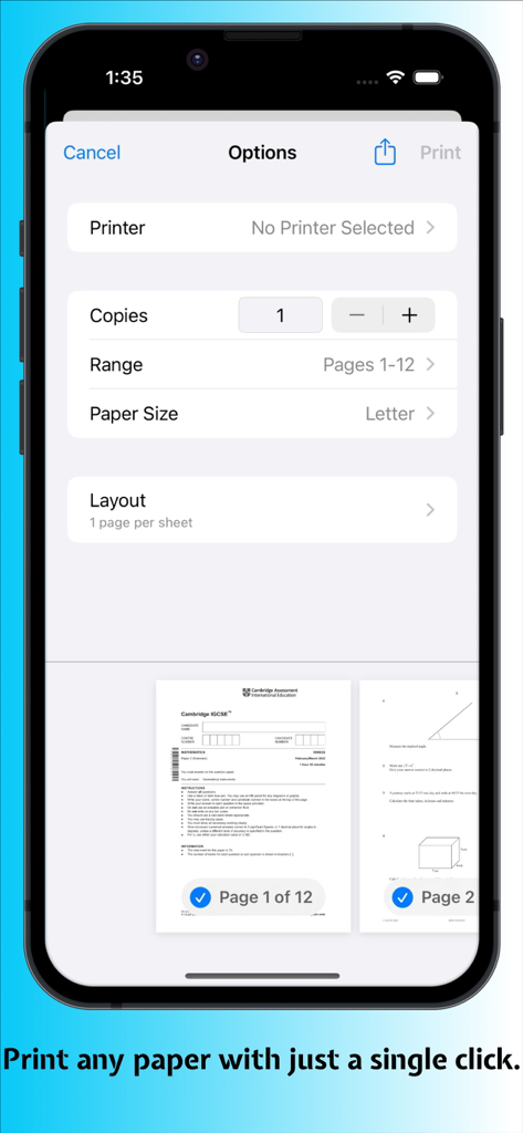 Uma tela móvel mostrando opções para imprimir provas de exames anteriores do IGCSE com configurações de impressora e intervalo de páginas.