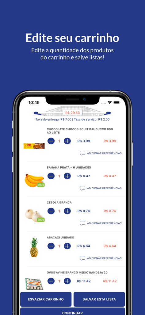 Pague Menos Supermercado - Pague Menos Supermercado app shopping cart screen with options to edit quantities and save lists