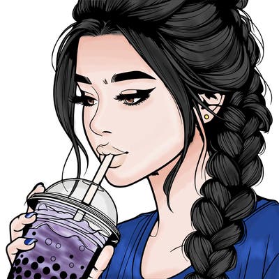 realistic girl drinking boba tea with braided hair