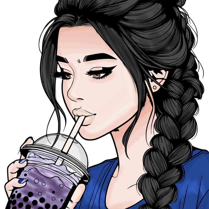 realistic girl drinking boba tea with braided hair