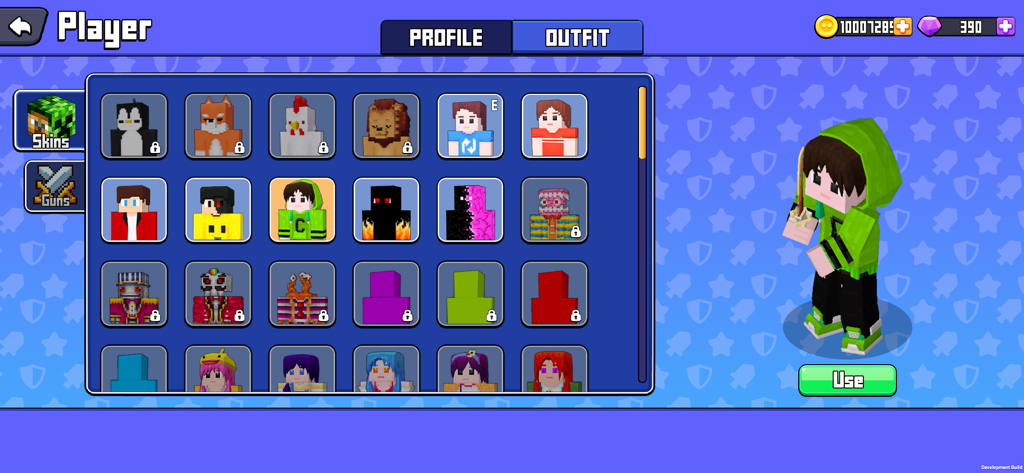 Player customization screen showing various blocky character skins