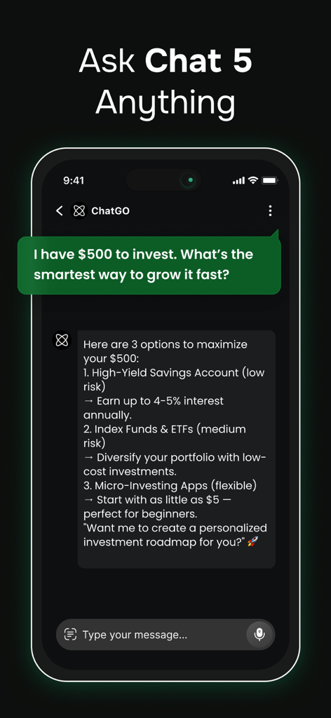 ChatGO: AI Chat 5.0 Assistant - Bildschirm der mobilen App ChatGO KI, die Anlageberatung zur Vergrößerung von 500 Dollar gibt