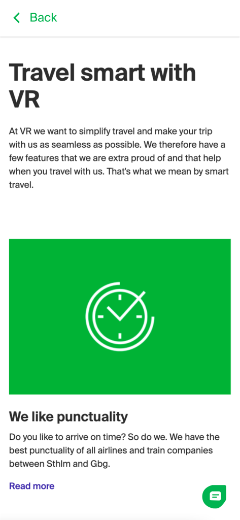 VR Resa - VR Resa 앱 스크린샷, 시계 아이콘과 함께 스톡홀름과 예테보리 간 여행 정확성 강조