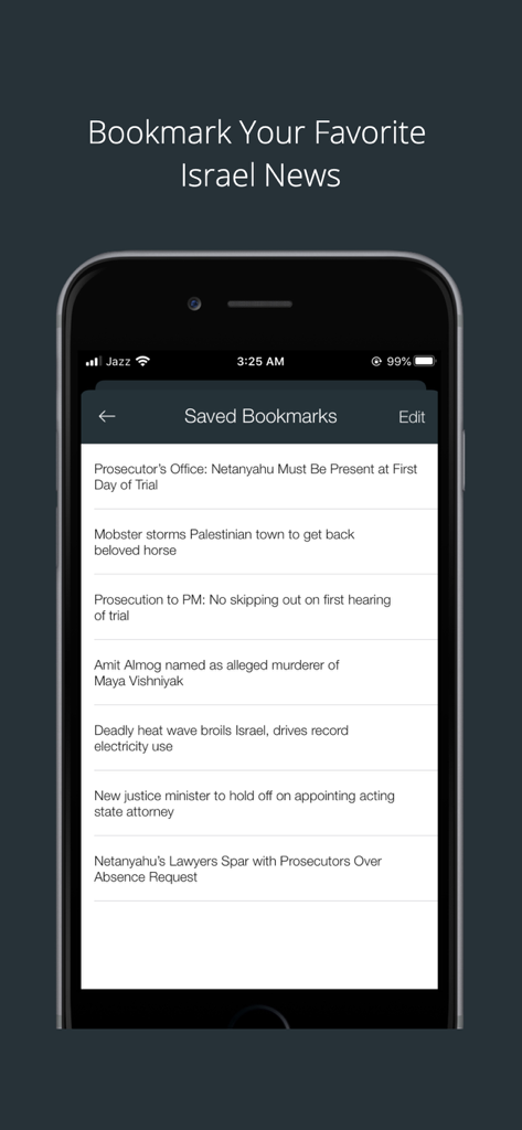 Interface of the Israel News Today app showing a list of saved bookmarked news articles