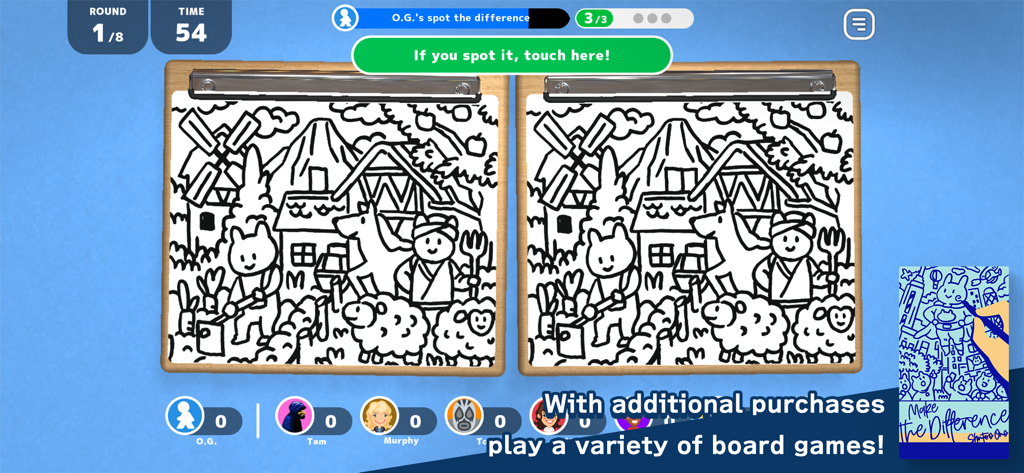Let's Play! Oink Games - Spot the difference gameplay screen with two side by side farm illustrations from the Oink Games app