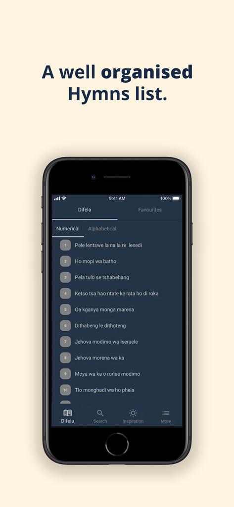A smartphone screen displaying a numerical list of Sotho hymns in the Difela Tsa Sione app.