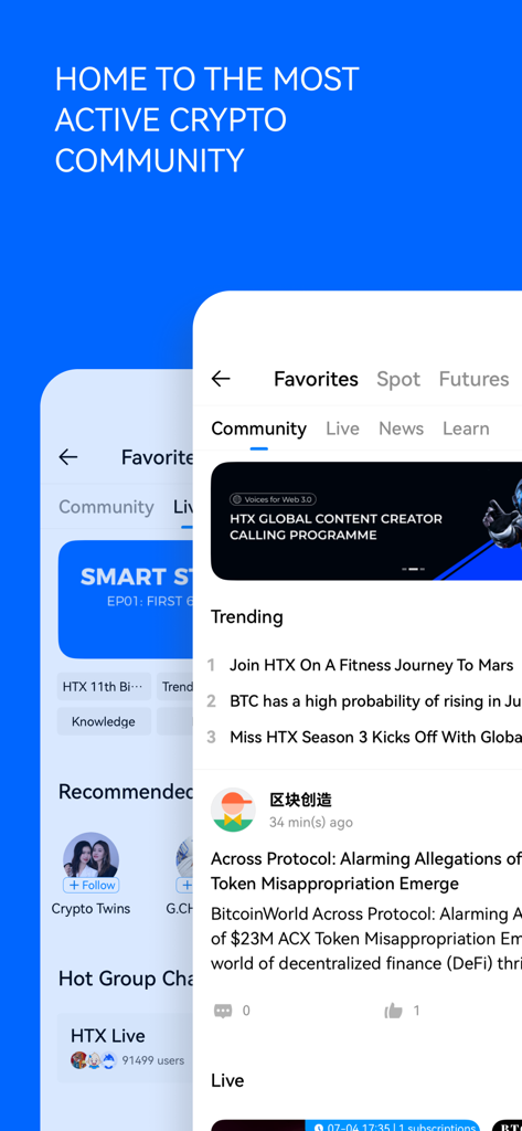 Interfaz de la aplicación HTX que muestra la sección activa de la comunidad cripto con noticias de tendencia y transmisiones en vivo