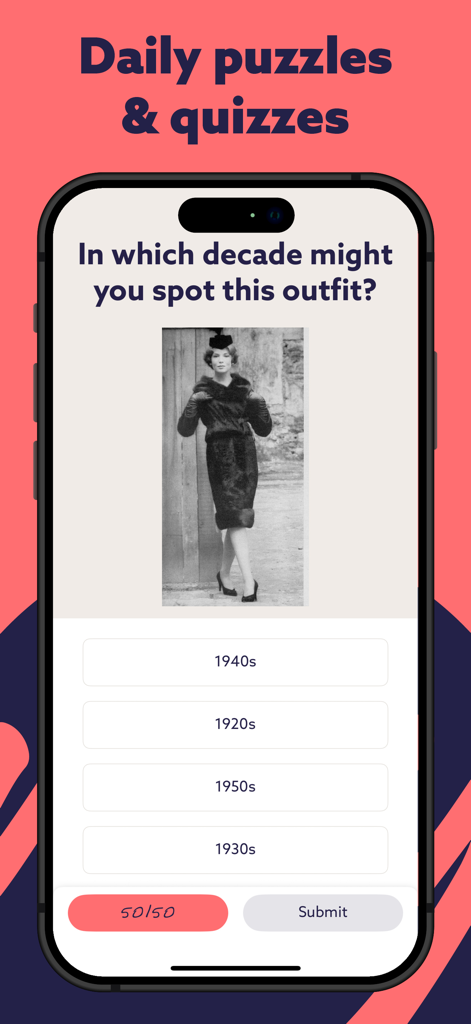 Findmypast - Daily history quiz on the Findmypast app asking about vintage fashion decades