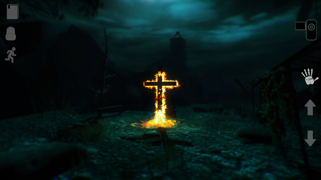 Mental Hospital V - Una cruz en llamas ilumina una zona exterior oscura en el juego de terror en primera persona Mental Hospital V.